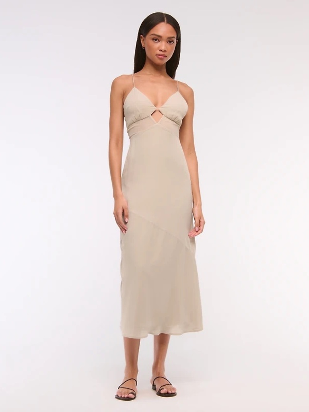 Abercrombie & Fitch Beige Slip Midi Dress with Front Cutout